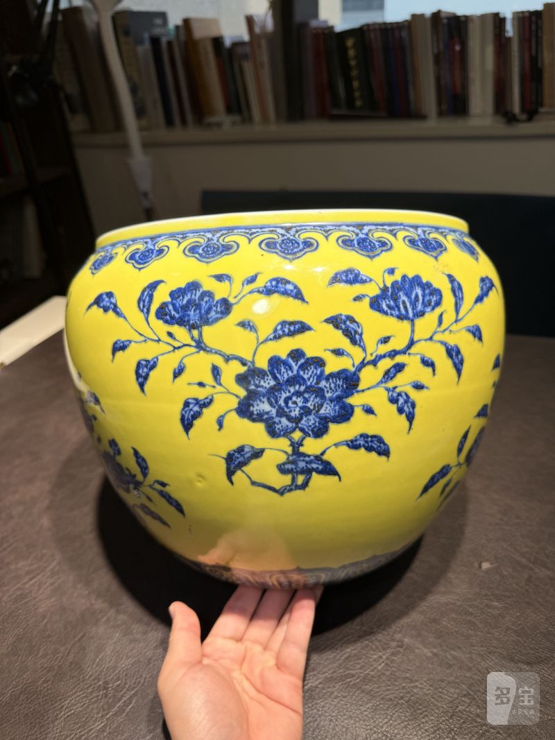 清乾隆 黄地青花折枝花卉纹缸 - 图3